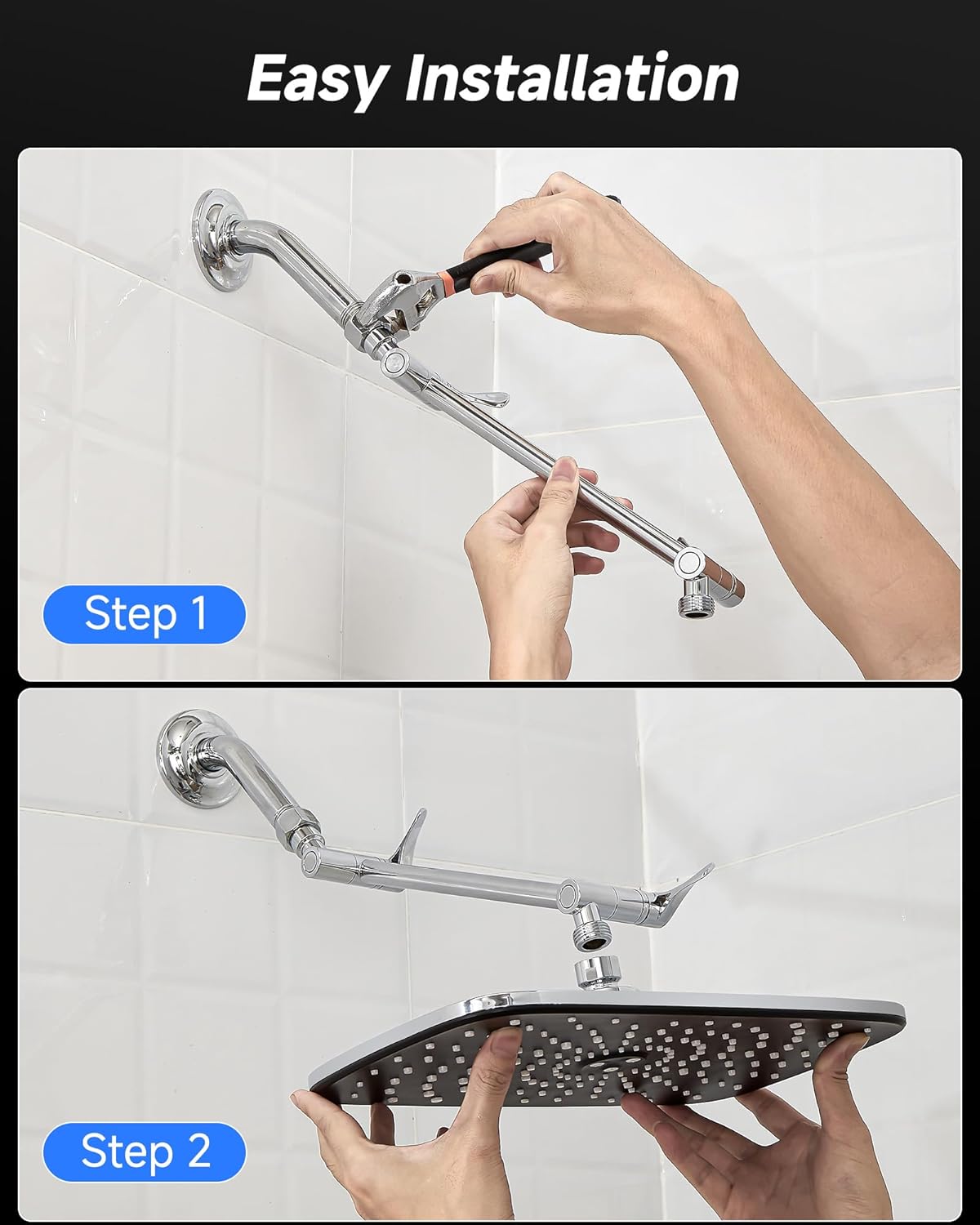 Veken Rain Shower Head - 11.8" Rectangular Stainless Steel Showerhead with Adjustable Arm | Chrome Finish