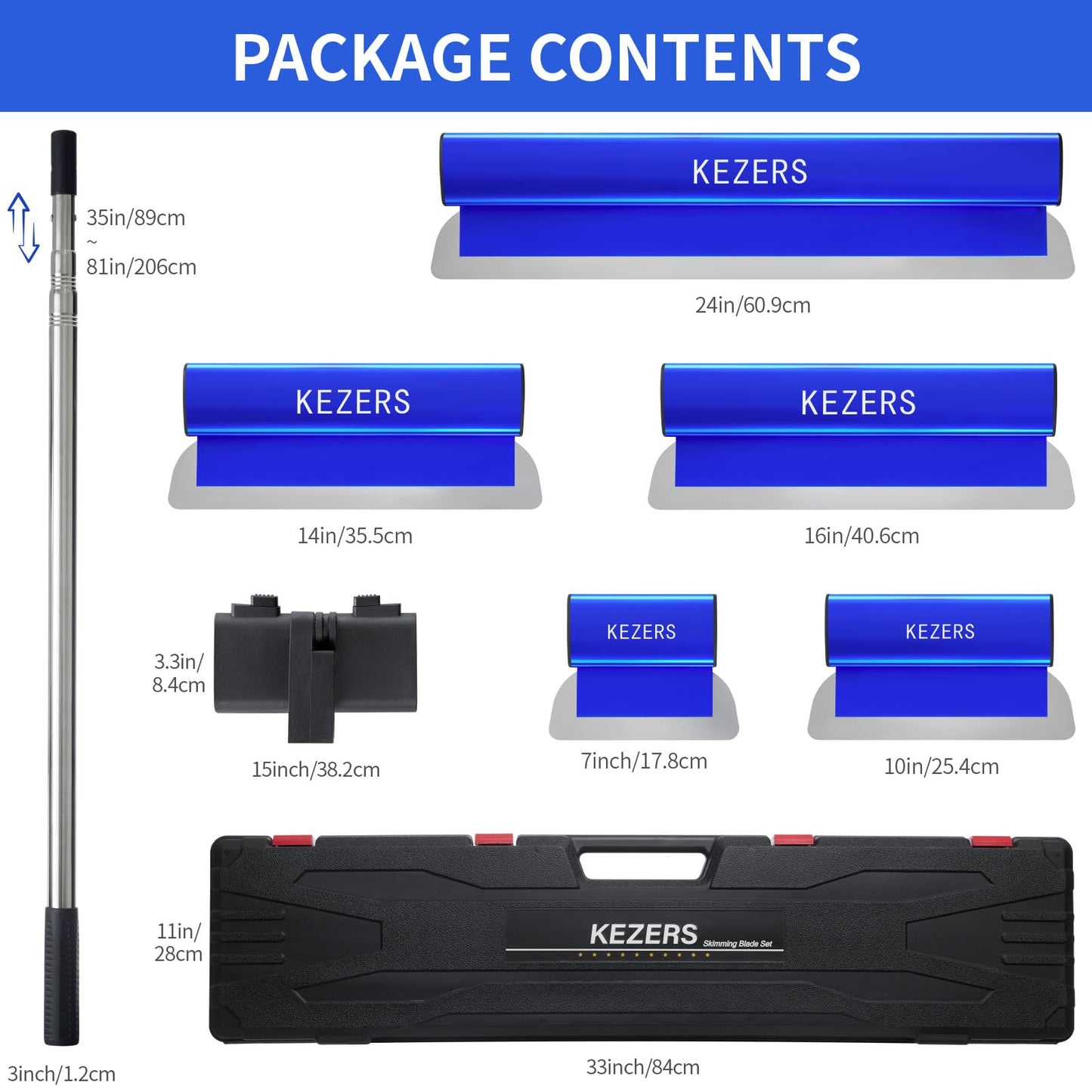 KEZERS Drywall Skimming Blade Set-7",10",14",16" & 24" Skimming Blades + 35"-81" Extension Handle, Stainless Steel Construction Knife,Smoothing Drywall Knife,Extruded Aluminum,High Impact End Caps