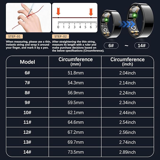 Ring Health Tracker for Women Men, Fit Ring with Heart Rate, Blood Oxygen, Sleep Monitor, Calories, Step Counter, IP68 Waterproof Smart Ring for iPhone & Android, No Subscription Fee (Black, 10#)