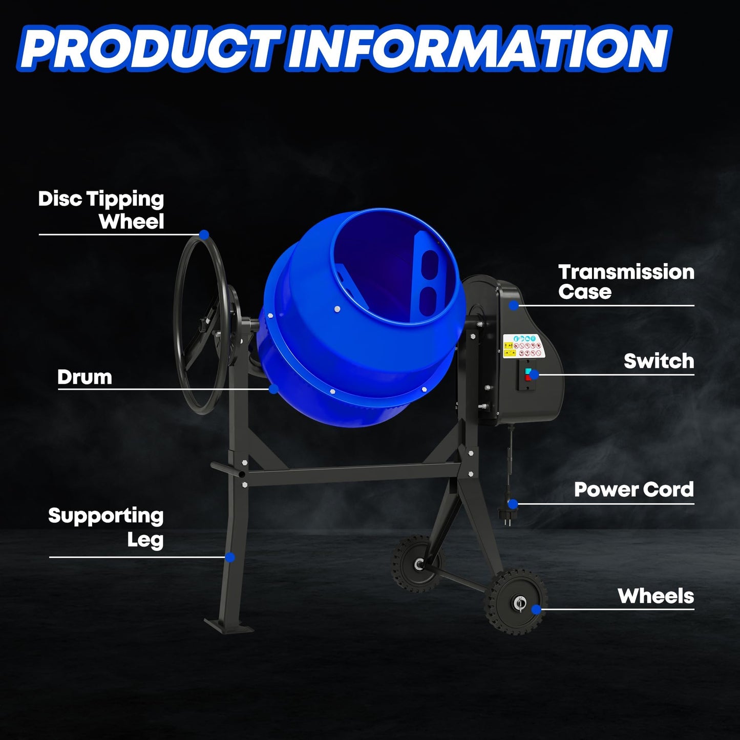 SILVEL Electric Cement Mixer, 4.3 Cu.Ft.450W Portable Concrete Mixer Machine with Wheels & Stand Steel for Stucco, Mortar, Feed Mixing, Farm Use, Blue