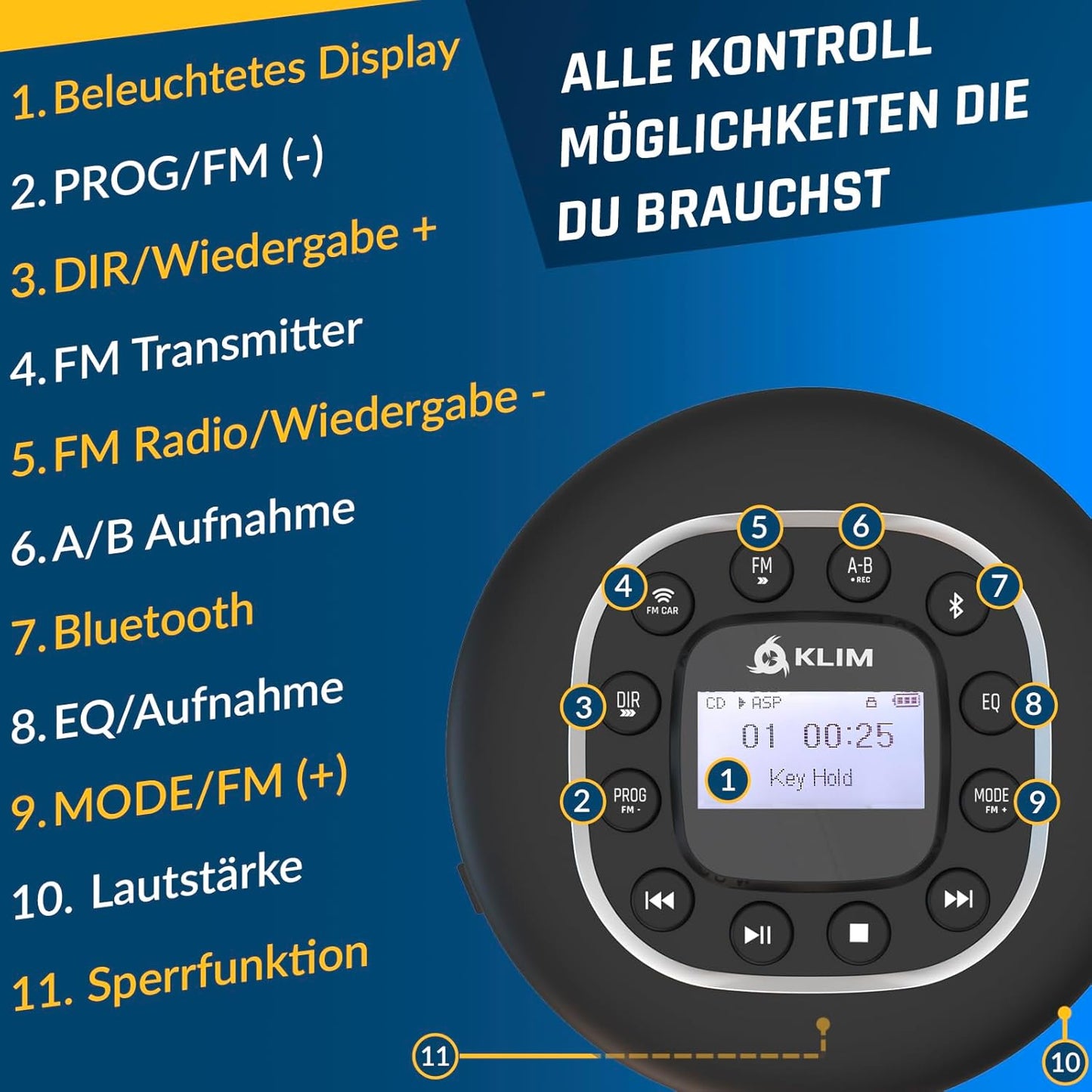 KLIM MP3 Journey - Portable CD Player with Long-Lasting Battery - New - with Headphones - Radio FM - Compatible CD