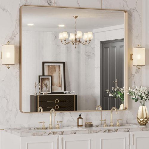 LOAAO Gold Bathroom Mirror - 40”X36” Rounded Rectangle Design | Anti-Rust Tempered Glass, Wall-Mounted