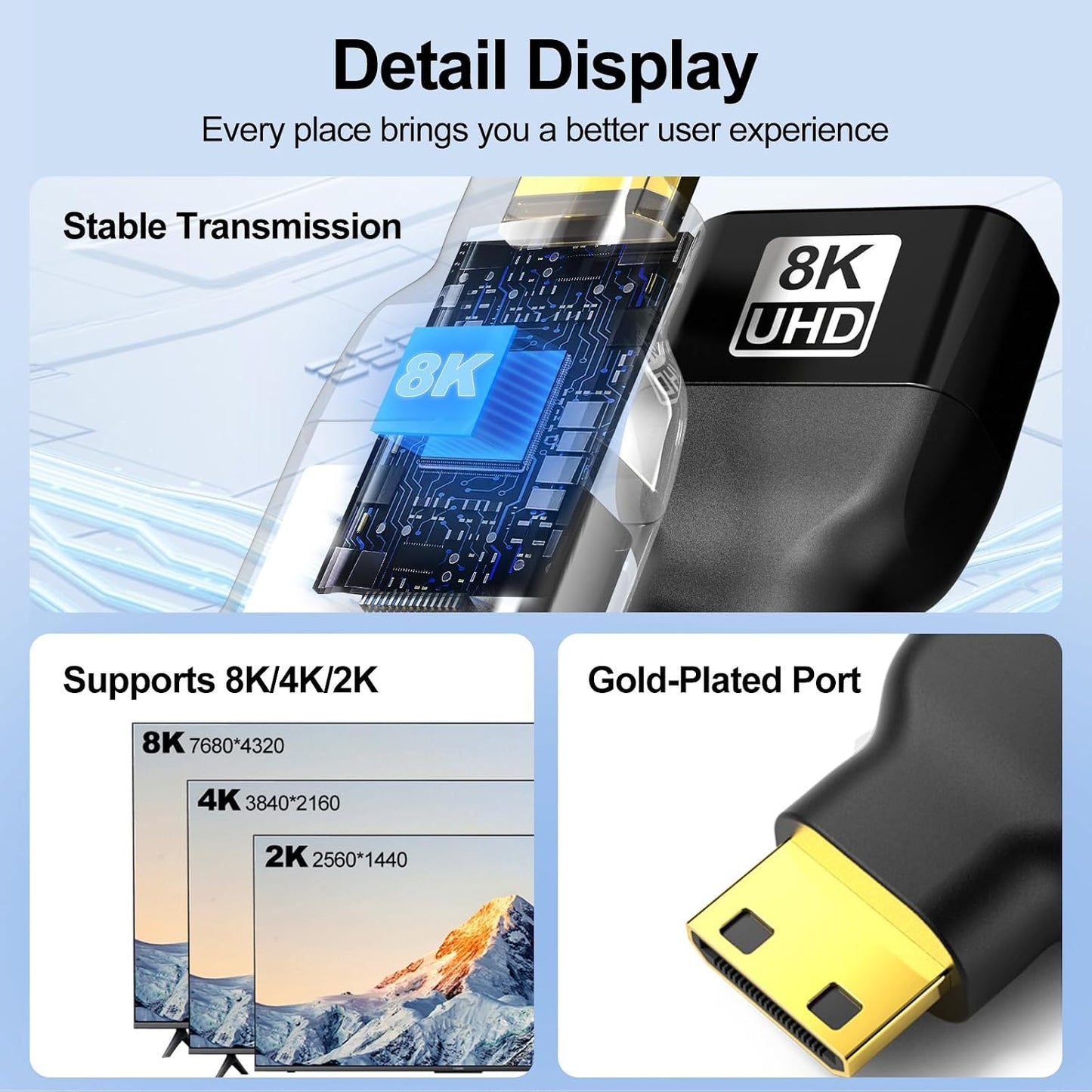 JHAOUS 8K@60Hz 4K@144Hz Mini HDMI to HDMI Adapter, Gold-Plated Converter, Female to Mini HDMI Male Adapter for DSLR