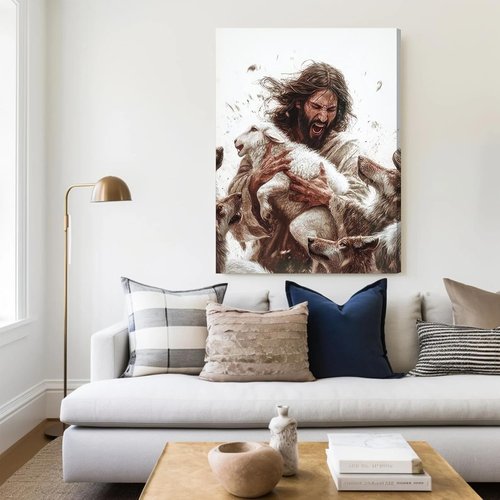 Jesus And Lamb Canvas Wall Art - Inspirational Christian Decor | 12x16 Inch Framed Painting for Living Room or Bedroom