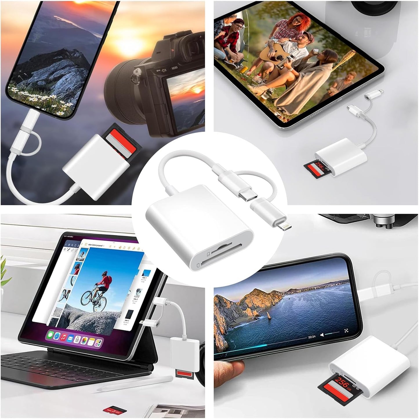 Denlane SD Card Reader for iPhone iPad Mac, USB C & Lightning Dual Connector Digital Camera Adapter to iPhone, SD Card