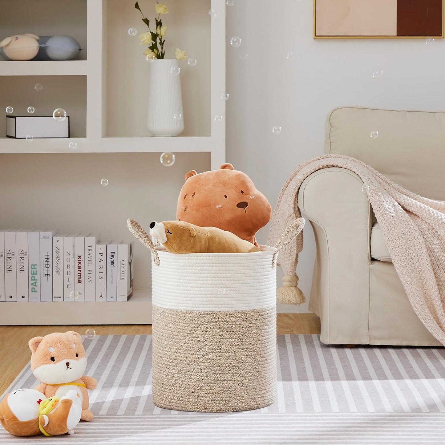VIPOSCO Large Laundry Hamper - Tall Woven Rope Storage Basket for Blankets, Toys & Clothes | 53L White & Brown
