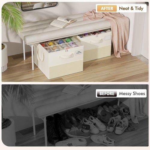 NestOrganix Shoe Organizer - 2 Pack Large Foldable Storage Boxes with Adjustable Dividers | Beige