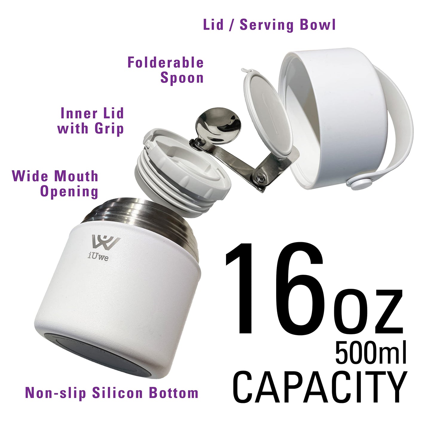 iUwe 16oz Food Thermos for Hot Food Kids Lunch Container with Spoon. 316L Stainless Steel Small Thermal School Lunchbox Leak Proof Travel Soup Thermos Insulated Food Jar for Adult Camping. (White)