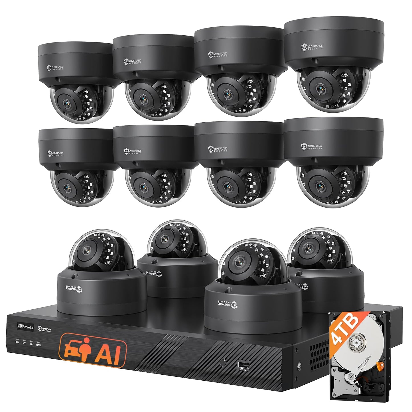 Anpviz 4K Black Dome PoE Security Camera System for Commercial Home Store Office, 12x 8MP Wired Dome IP Cameras, 12MP 4K PoE NVR with 4TB HDD, AI Human & Vehicle Detection, IR Night Vision (U Series)