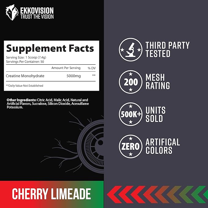 Ekkovision Creatine Monohydrate Powder, Micronized, Cherry Limeade, Pre Workout & Post Workout Supplement for Men & Women, Energy Support, Easy to Mix in Shakes, Smoothies & Beverages, 50 Servings