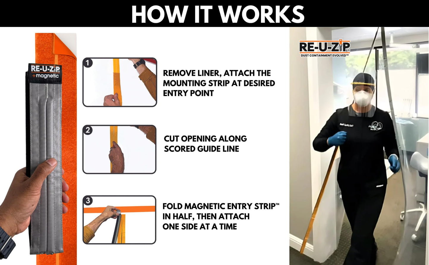 RE-U-ZIP Self-Closing Magnetic Dust Barrier Entry Strip, Hands-Free Zipper Alternative for Plastic Sheeting, Reusable, Custom Placement & Works Under Negative Air, 3-Pack