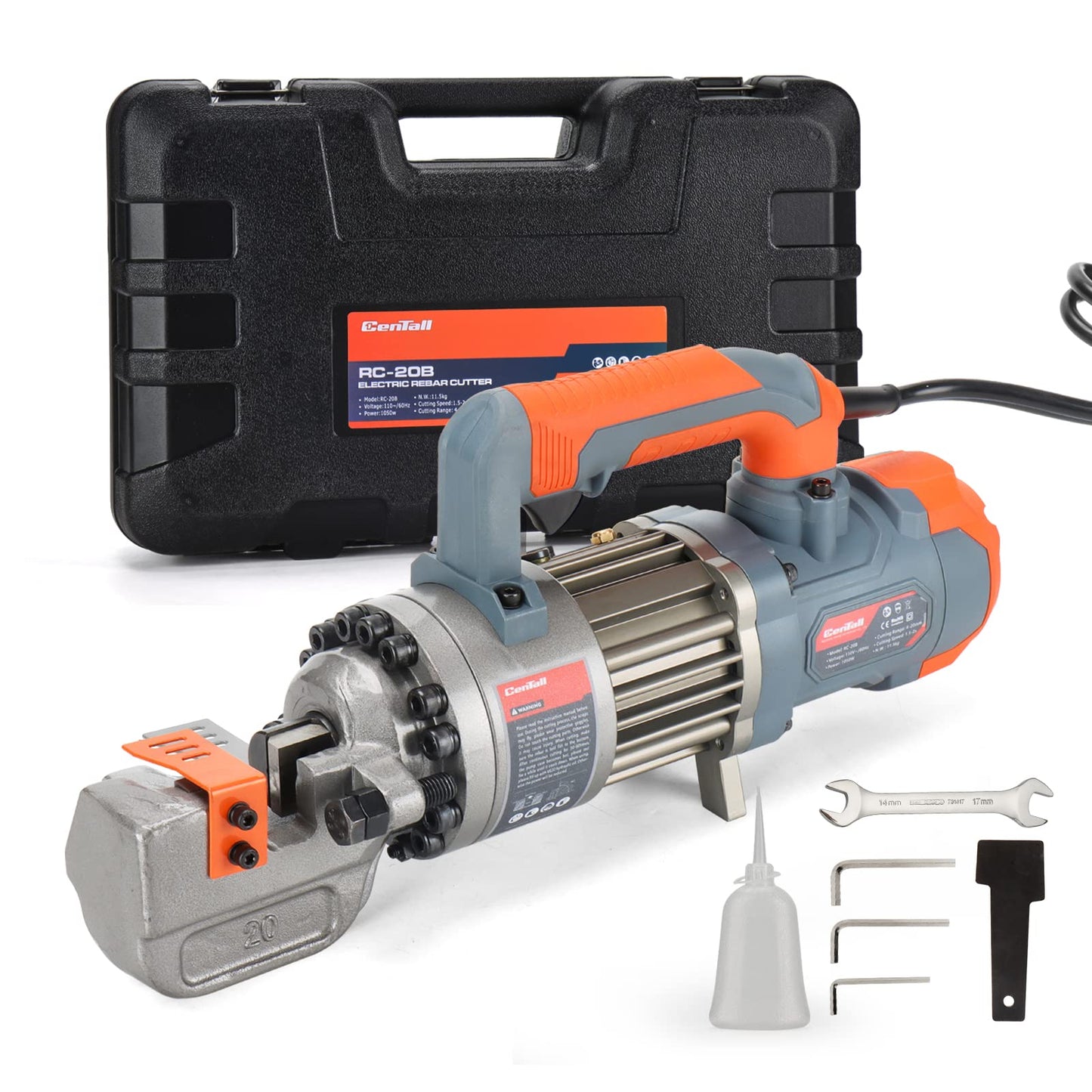 CENTALL 3/4" Electric Hydraulic Rebar Cutter, 1.5-2S Cutting Speed, Portable, Cuts 4-20mm #6 Rebar, 1050w, 120v/60hz. (Grey+Orange)