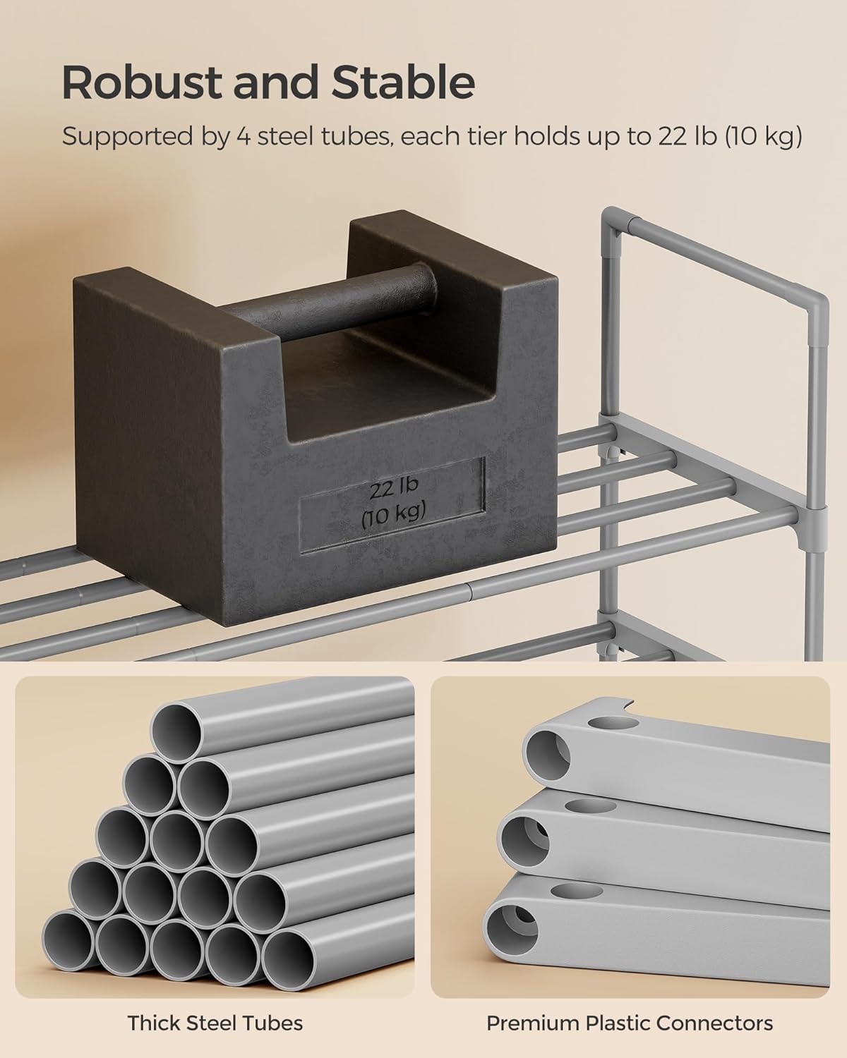 SONGMICS 3-Tier Shoe Rack - Stackable Metal Organizer for 16-20 Pairs | Gray, 11.8 x 36.2 x 21.7 Inches