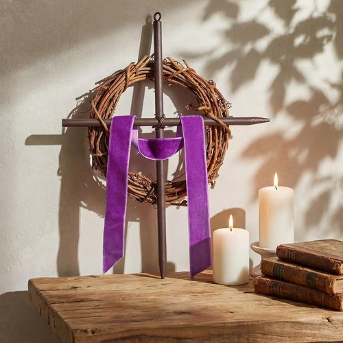 Dingion Mini Crown of Thorns Nail Cross Wreath Decor - Purple Velvet Ribbon, 7in Christian Catholic Design
