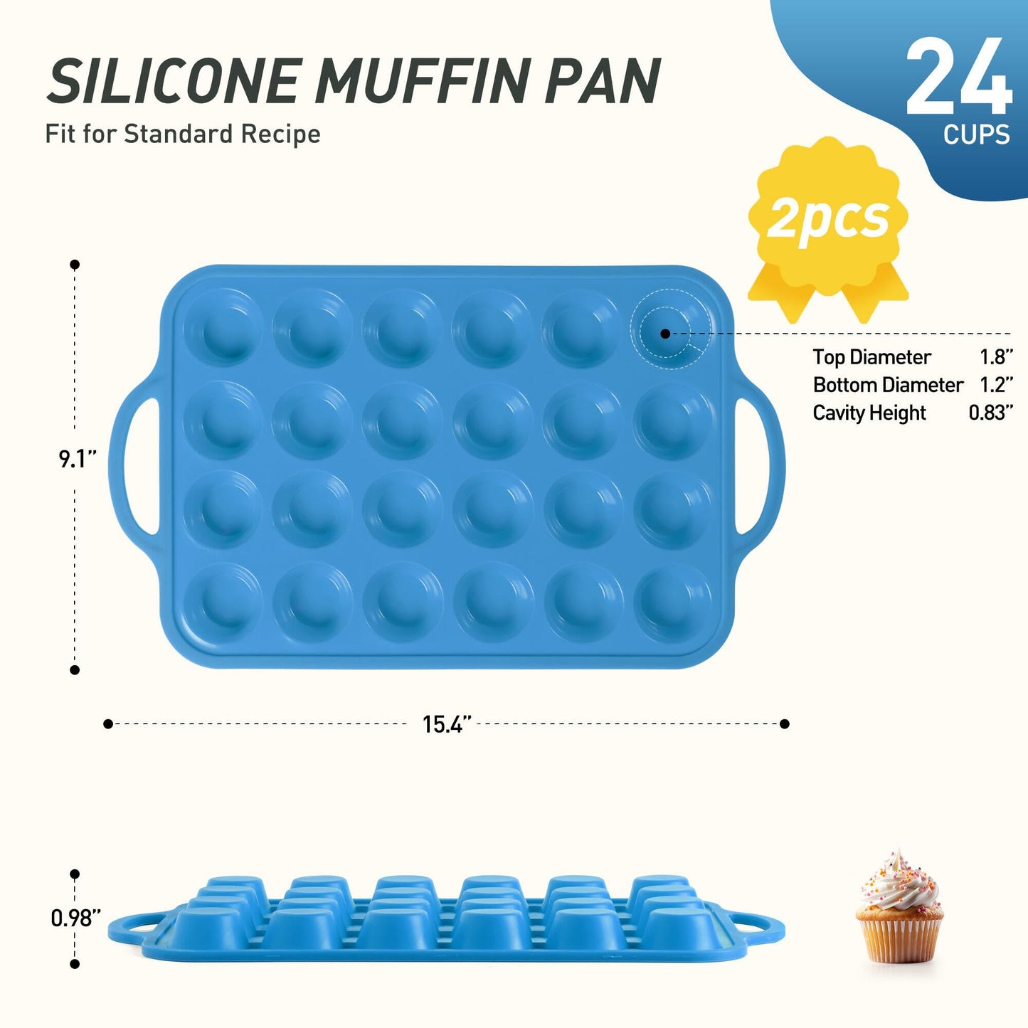 2 Packs 24 Cups Silicone Muffin Pan with Metal Reinforced Frame Mini Size Cupcake Pan Tray Egg Bites Silicone Circle Cookie Molds Muffin Tin Tart Pans Baking Sheet Set for Breakfast Sandwiches