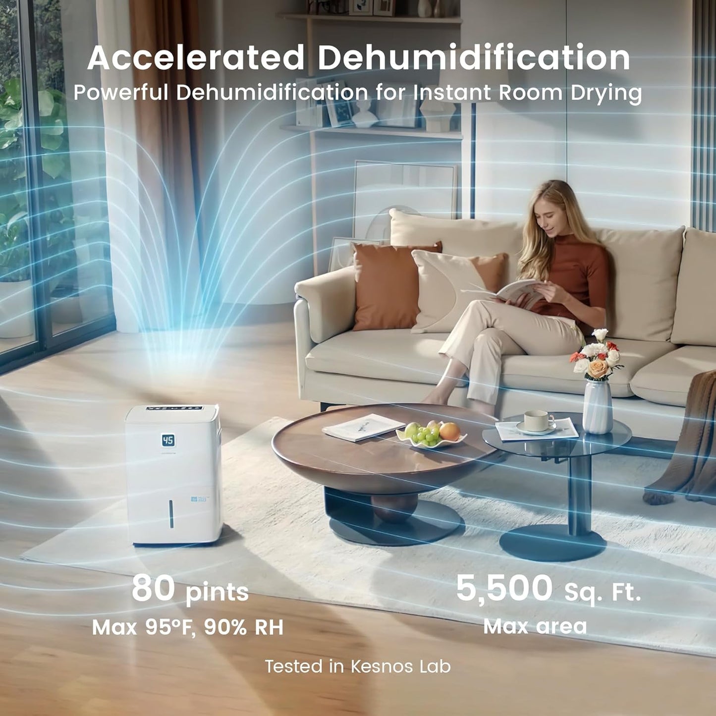 Kesnos 80 Pints Energy Star Dehumidifier for Home, Basement with Drain Hose, Front LED Display and 1.06 Gal Water Tank, Ideal for Large Room up to 5,500 Sq. Ft., Featuring Auto Defrost, Timer Function