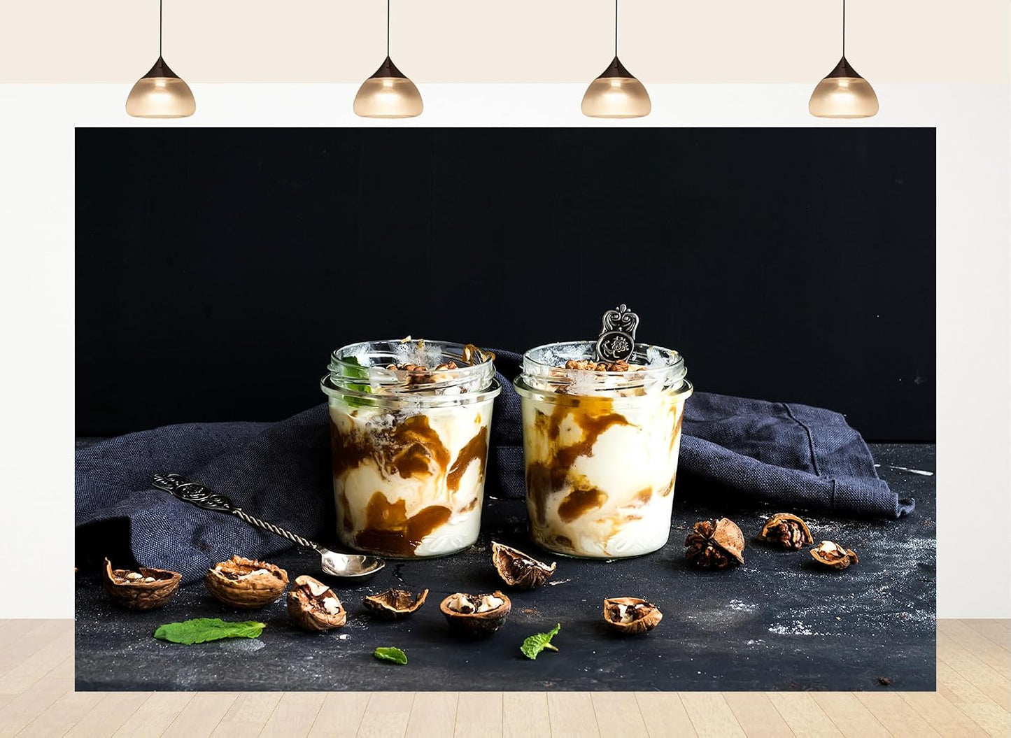 LidyMini 10x7ft Fabric Yogurt Parfaits with Caramel and Walnuts Backdrop Dark Moody Surface Mint Leaves Photography