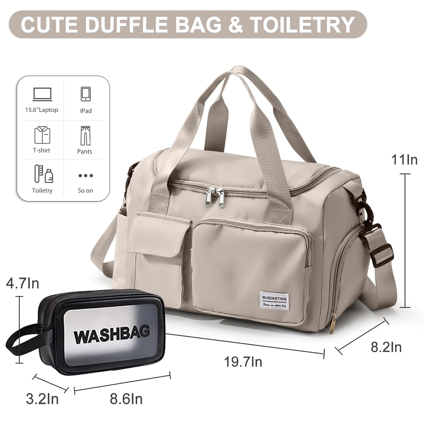 Beige Small Gym Bag for Women, Waterproof Travel Duffle Bag Carry On Weekender Bag with Shoe Compartment & Wet Pocket, Gym Tote Bag for Travel, Workout, Sport