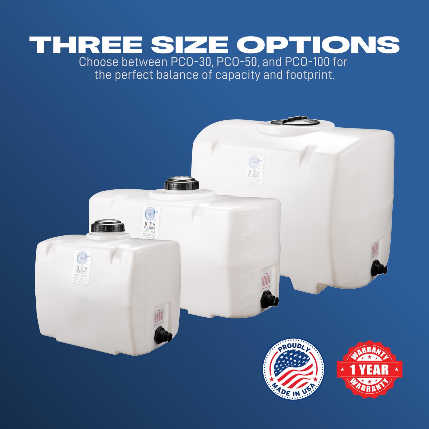 RTS Plastics Rotomolded Polyethylene PCO-50 Gallon Tank for Water and Non-Flammable Liquids with Molded Grad Strip and Siphon Elbow