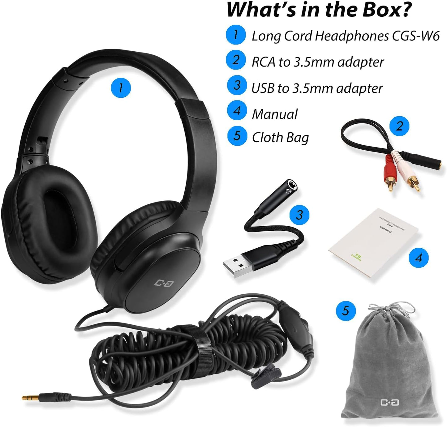 18 5.5M 3.5mm Ft / Extra Long Cord Headphones for TV & PC with Volume Control, Extension Spring Coiled Cord, AUX