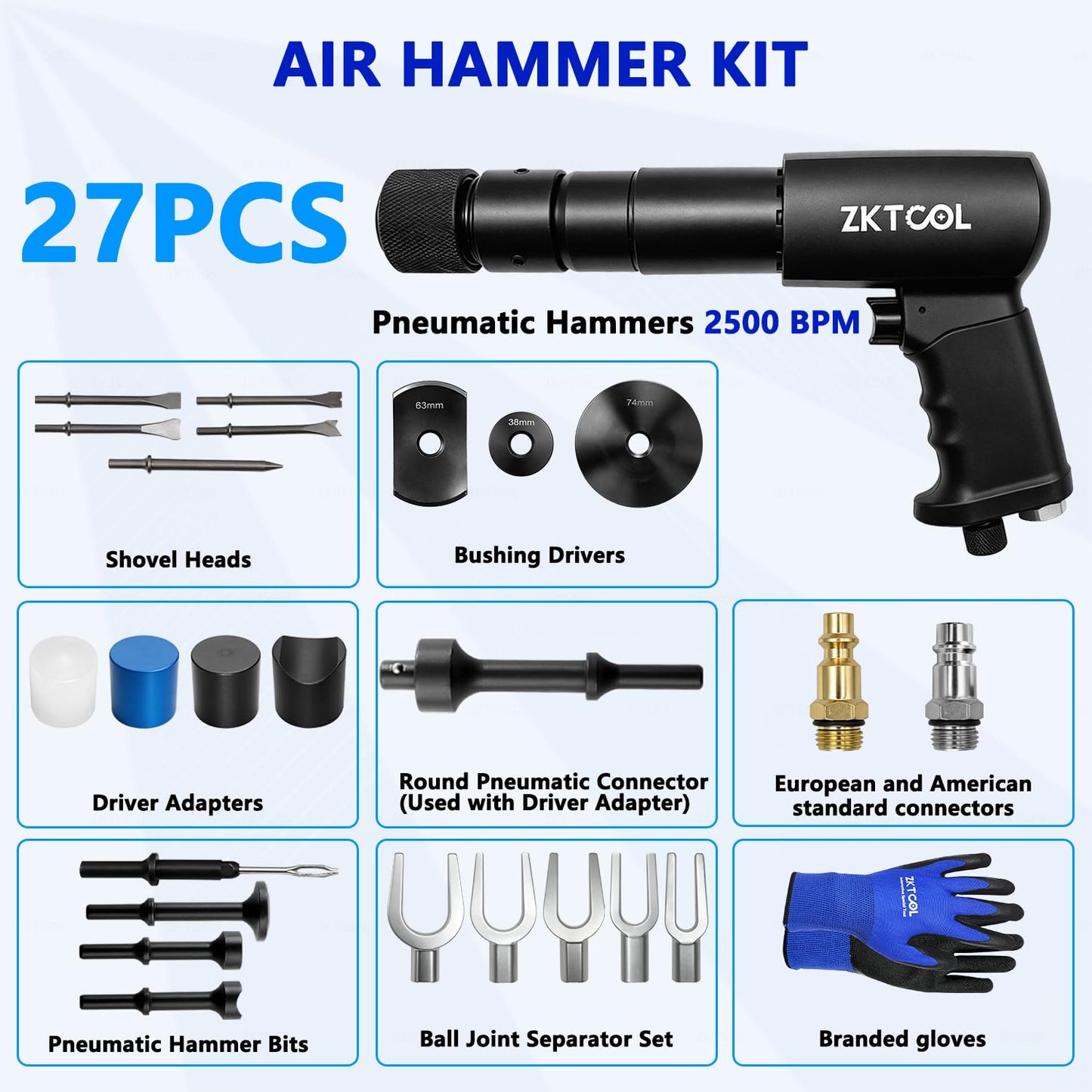 ZKTOOL 27PCS Air Hammer Kit - Functional Powerful Pneumatic Hammer Piece Chisel Set, 2500BPM Quick Change Retainer Air Hammer with Shovel Heads and Ball Joint Separator Set - Carrying Case & Gloves