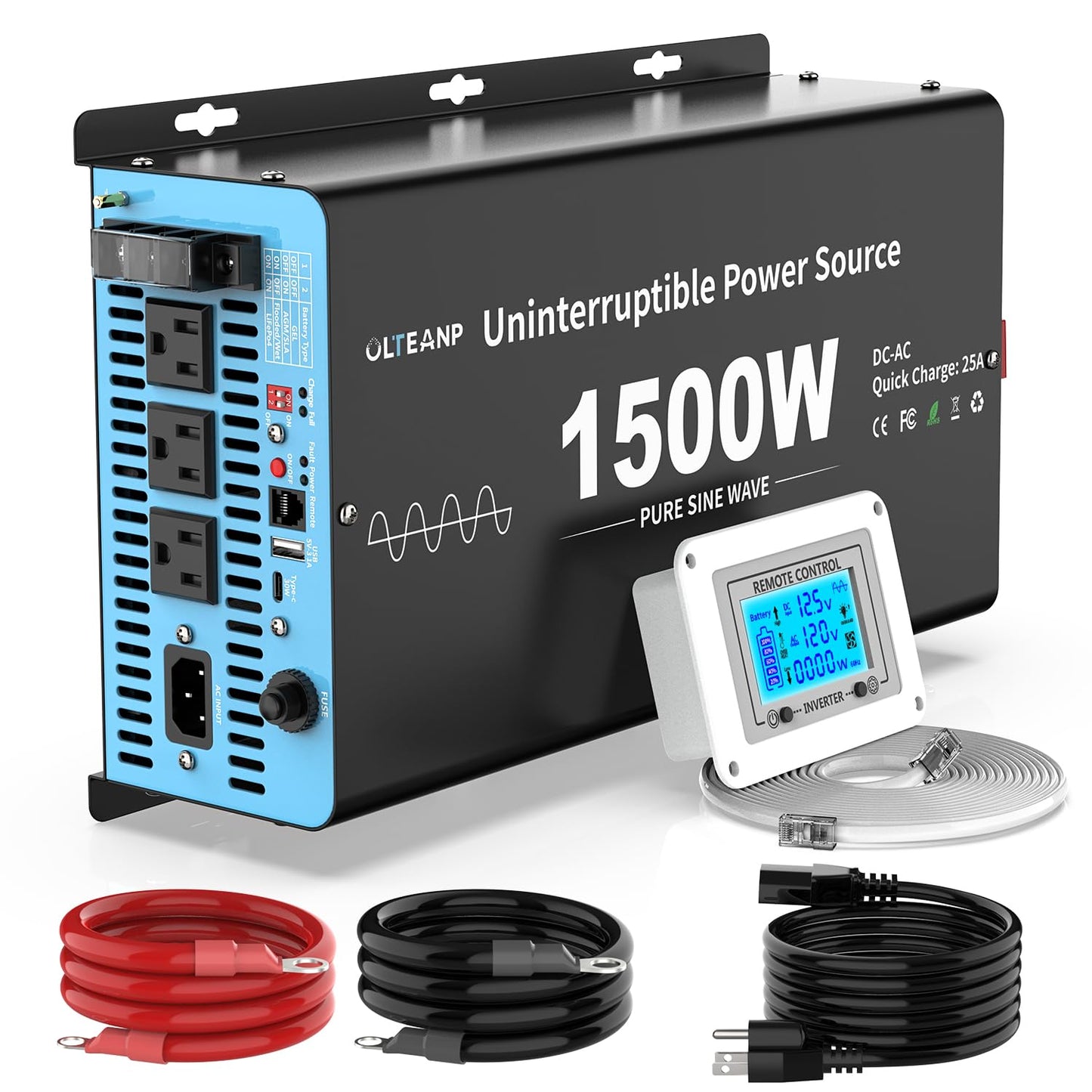 1500W Sump Pump Battery Backup System, Pure Sine Wave Inverter Charger with 25A Fast Charging, Auto Transfer Switch for Basement Flood Protection During Outages, LCD Remote, 12V Deep Cycle Compatible