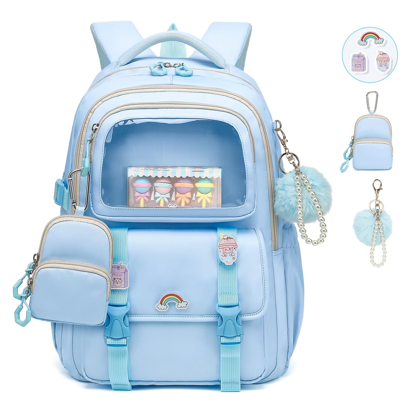 QIXIHU Girls Backpack, Kawaii Kids Backpacks for Girls Multiple Pockets School Bookbag for Girl for Primary Elementary School, Age 6-12 Years Old, Blue