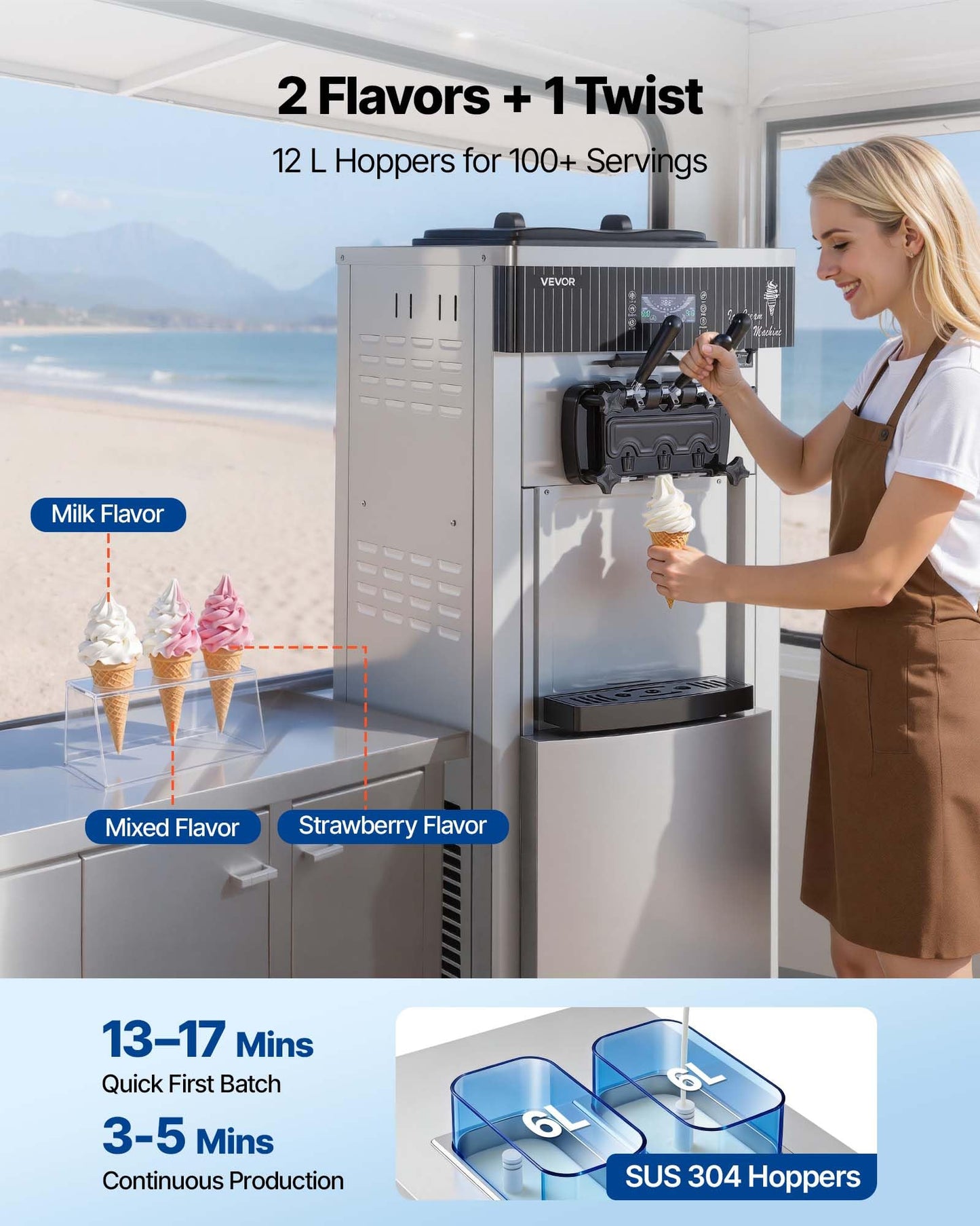 VEVOR Commercial Ice Cream Machine, 20-28L/H Yield, 2200W 3-Flavor Freestanding Soft Serve Ice Cream Maker with 2 x 6L Hoppers & Hopper Agitation, Pre-Cooling Self-Cleaning for Snack Dessert Shops