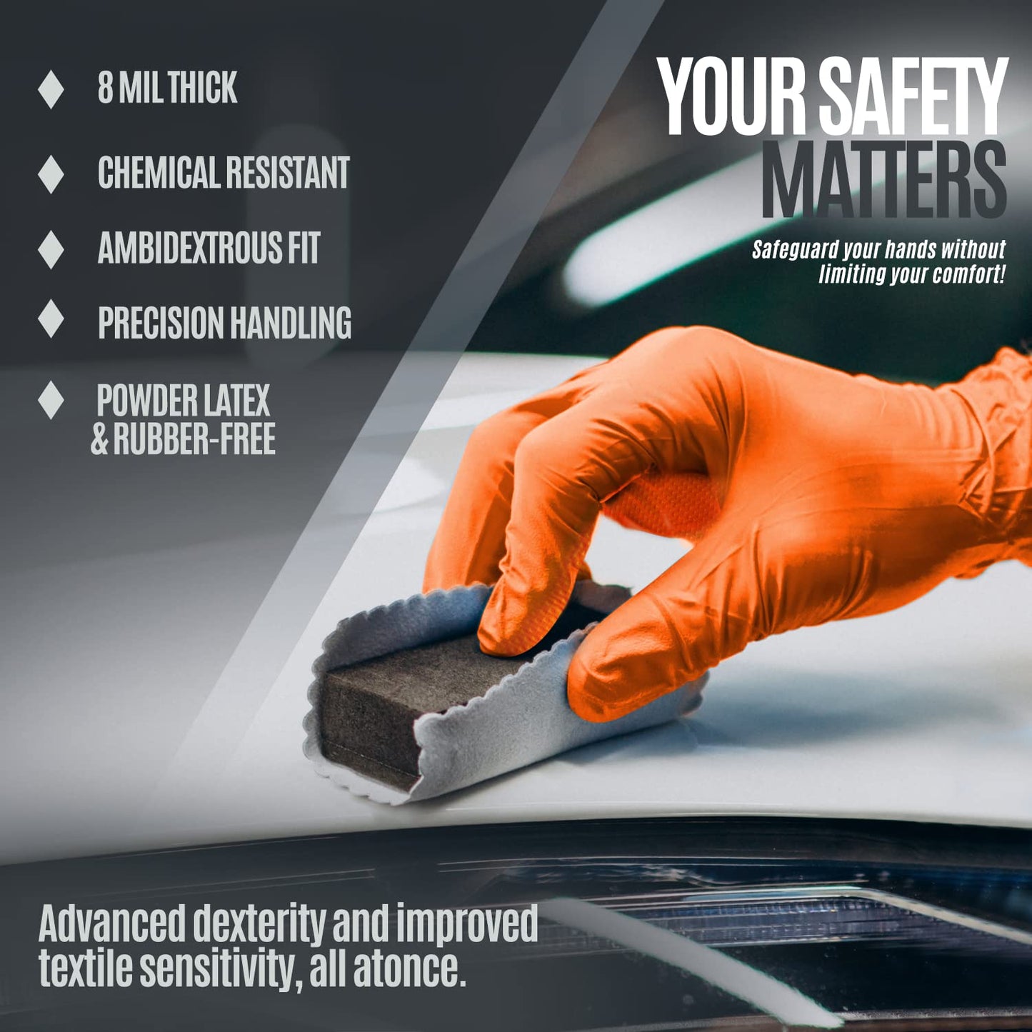 MED PRIDE Maxx Strength Nitrile Industrial 8 Mil Thick 1000 Gloves/X-Large - Diamond Texture Disposable Safety- Heavy-Duty, Tear-Resistant Mechanic Automotive Food Handling Gloves- Orange