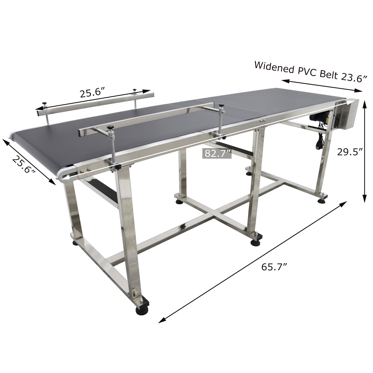 BREVELTION PVC Flat Belt Conveyor Stainless Steel Industrial Transport Conveyor Adjustable Speed Conveyor with Double Guardrails Conveyor Length 82.7inch Width 23.6inch Load 88LBS 250W