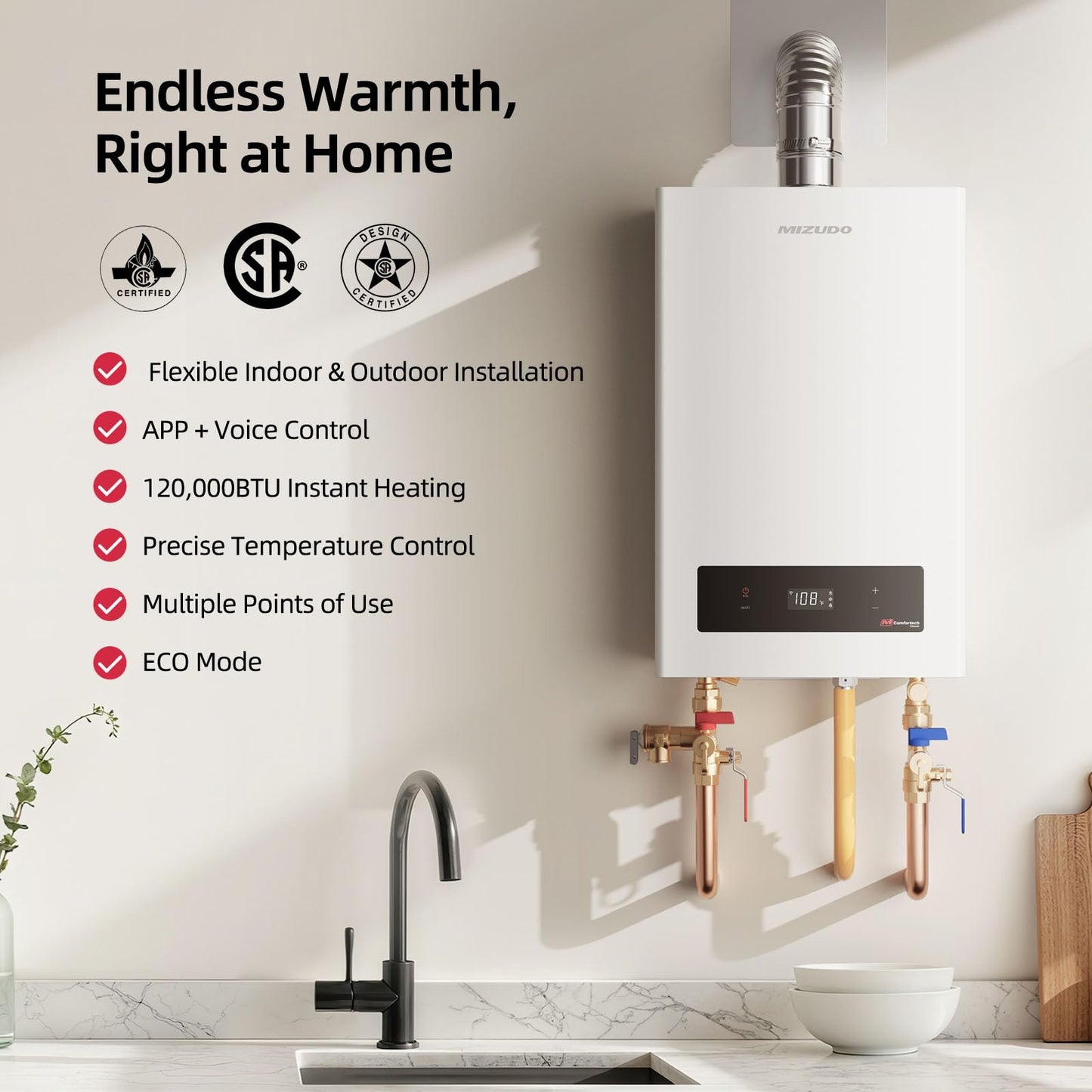MIZUDO Tankless Water Heater Propane, Indoor or Outdoor Convertible Installation, Max 5.1 GPM 120,000 BTU, WiFi&APP Control CSA Certified for Large Families Whole House, GEN 3