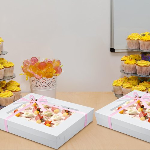 Chivertion 5 Set Full Sheet Cake Box 26 x 18 x 4 Inch with Cake Boards and Pink Satin Ribbon Large Rectangle Bakery Boxes with Window White Bakery Boxes for Packaging Cupcakes Muffins Pie