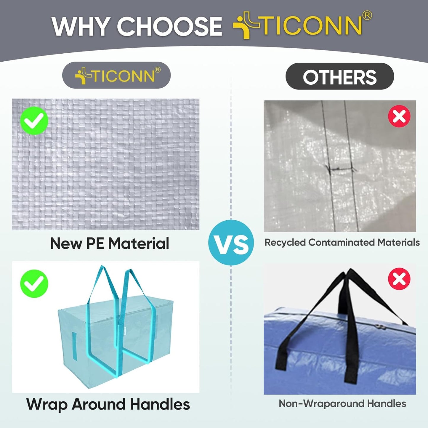 TICONN Extra Large Heavy-Duty Moving Bags - Durable Storage with Zippers & Handles | 2 Pack, Aqua