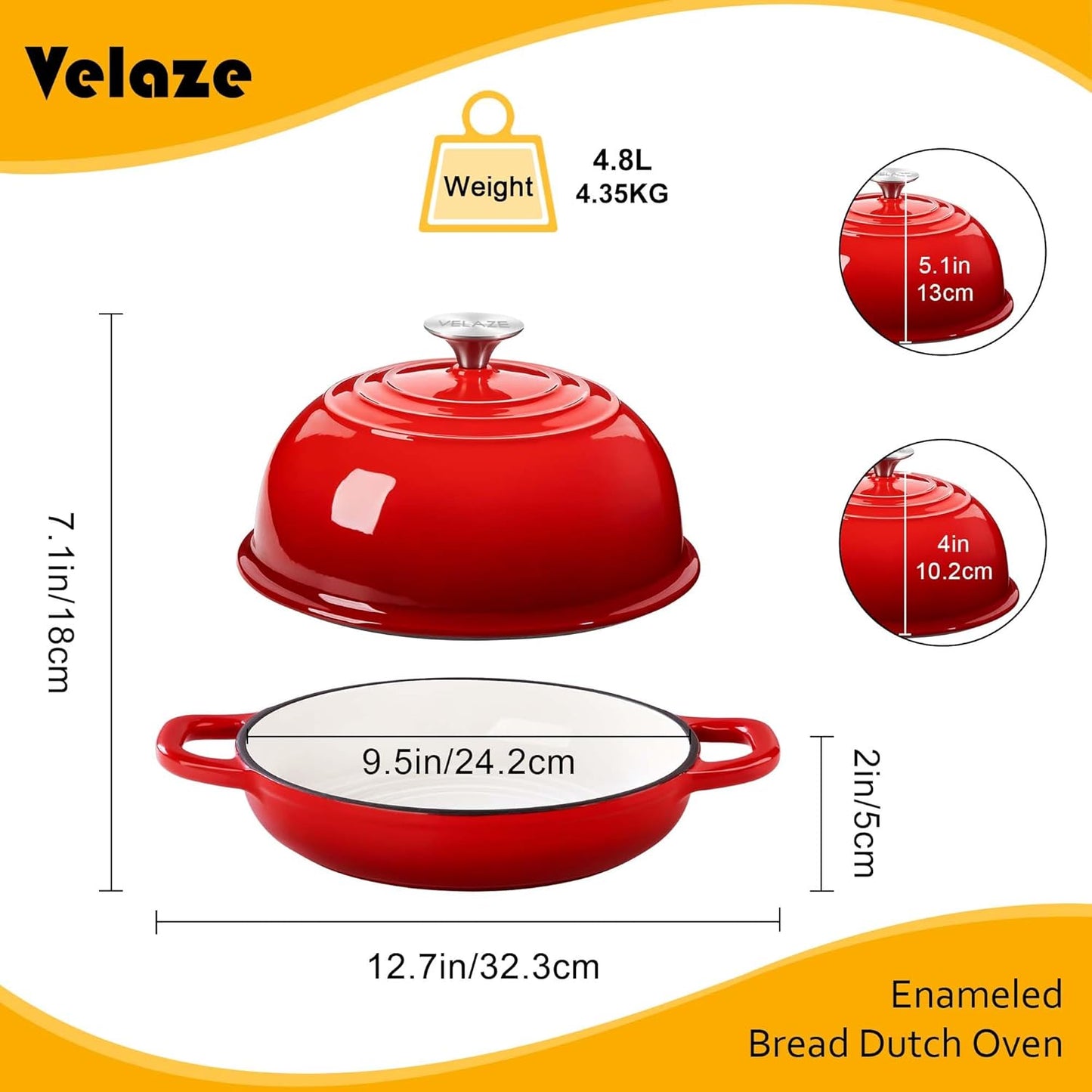 Velaze Enameled Cast Iron Dutch Oven - 5 QT Round Bread Pot with Dome Lid for Sourdough & Roasting (Red)