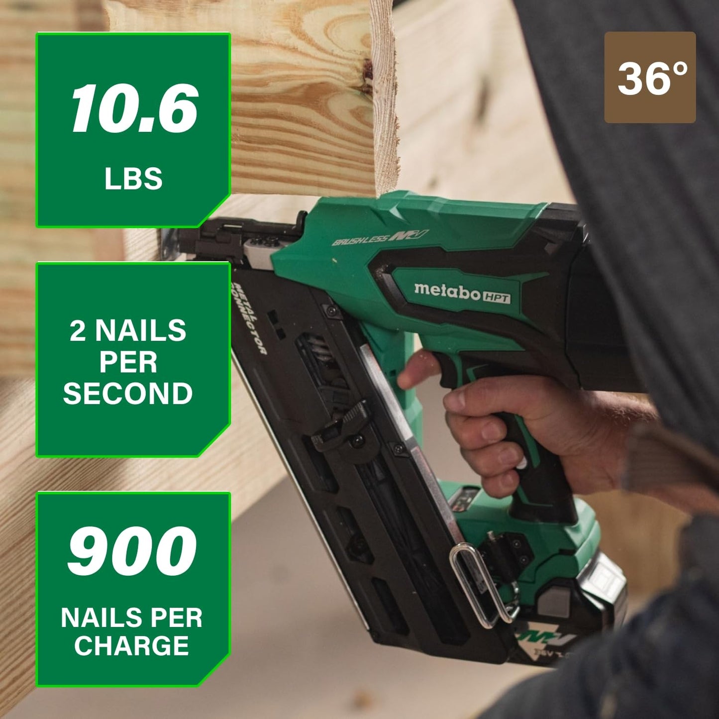 Metabo HPT 36V MultiVolt Cordless Metal Connector Nailer, Power Tool MultiVolt 36V 2.5 Ah Li-ion battery, Pro Tools Innovation Award Winner, Drives 1-1/2" to 2-1/2" Nails, 900 per Charge, NR3665DA
