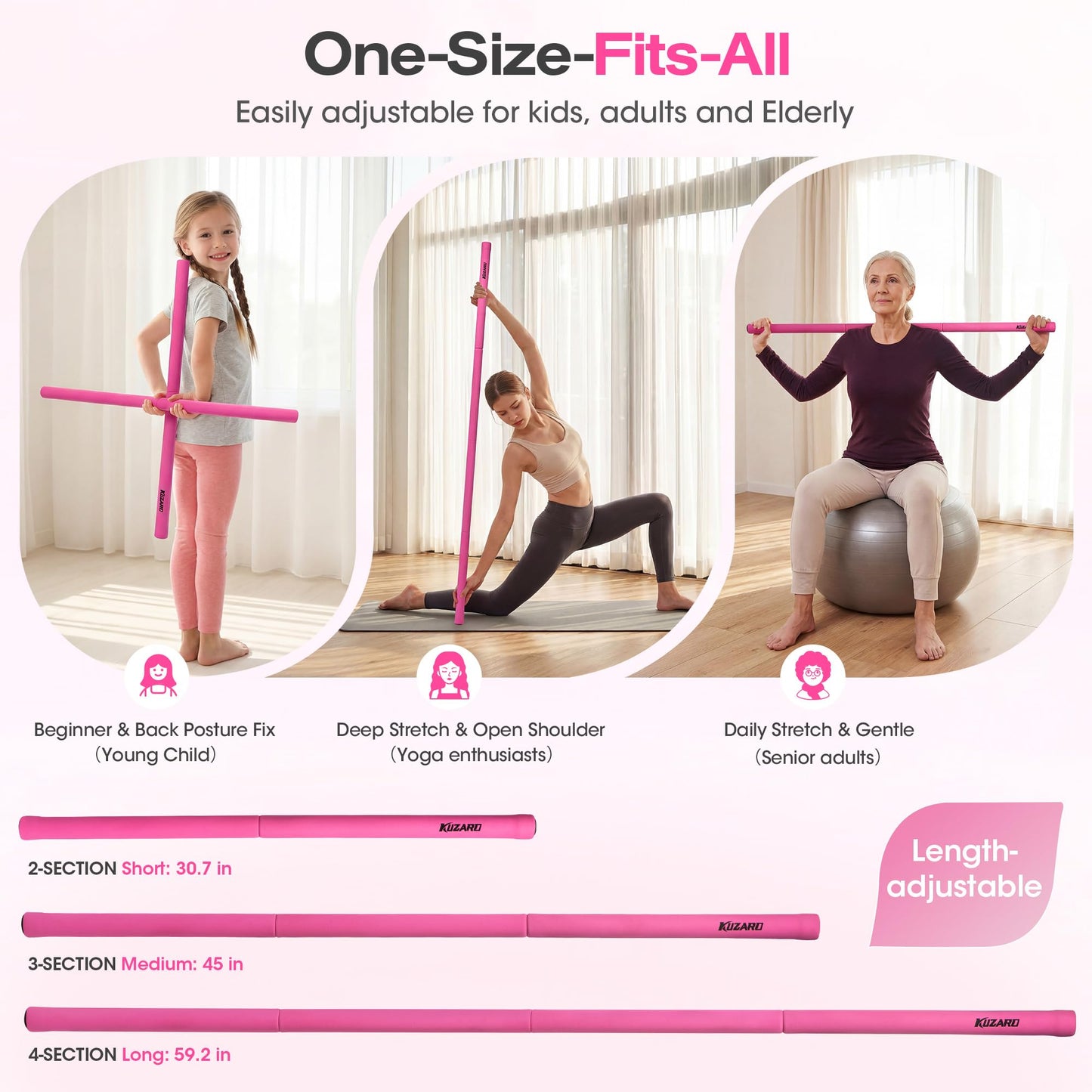 Yoga Stick, 58 Inch Mobility Stick with 3 Adjustable Lengths. Threaded Stable Alloy Steel Exercise Equipment for Stretching, Fitness, Posture Correction & Therapy - For Women & Kids at Home
