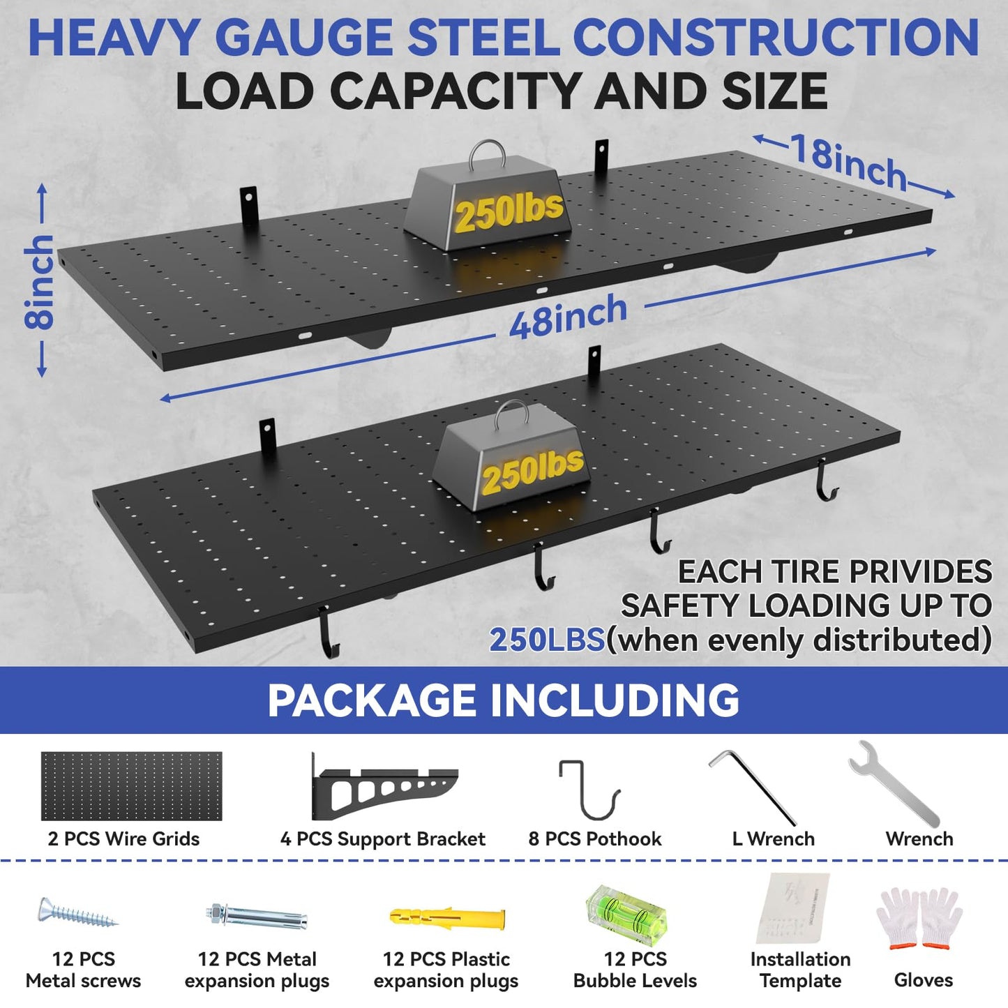 Gsskny 2-Pack 1.5 * 4ft Heavy Duty Garage Wall Shelving, 500 lbs Load Capacity, Garage Shelving Wall Mounted,Heavy Duty Garage Storage Shelves with Hooks