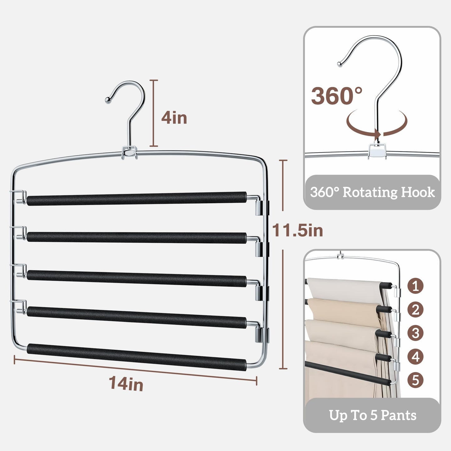 SINDAX Pants Hangers Space Saving - 6Pack, 5 Layers Space Saving Hangers, Sturdy Stainless Steel Pant Rack with Anti-Slip Swing Arm, Closet Organizers and Storage for Trousers Jeans