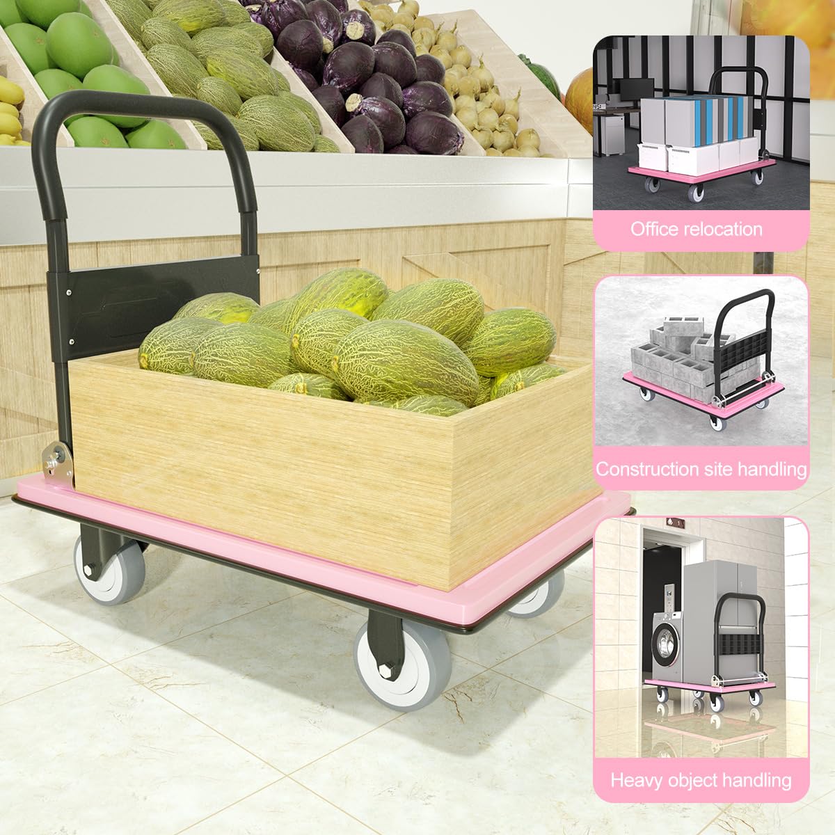WUD Push Cart, Folding Mobile Platform Trolley,Thickened and Reinforced, 360° Swivel Wheels,35.4 “L x 23.6 ”W, 1100 lb. Pink Dolly cart with Wheels (Pink, Large)