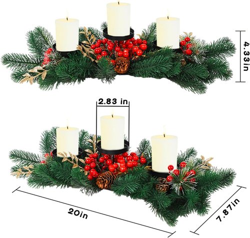 MorTime Christmas Centerpiece - 3 Candle Holders with Red Berries & Pine Cones | Indoor Holiday Table Decor