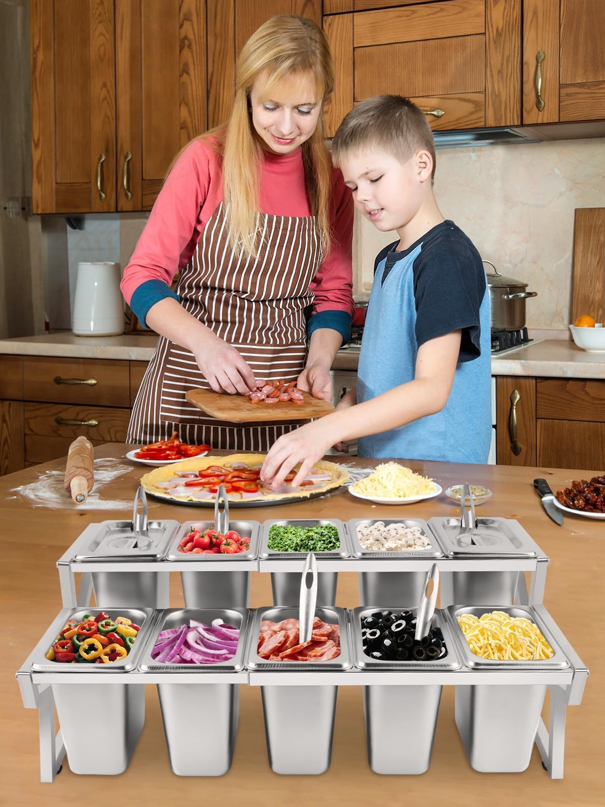 Kalolary 10 Pans Pizza Topping Storage Station, 2 Row Adjustable Stainless Steel Condiment Containers with Lids Spoons Ice Food Serving Display Container Salad Bar Buffet Station for Home Kitchen
