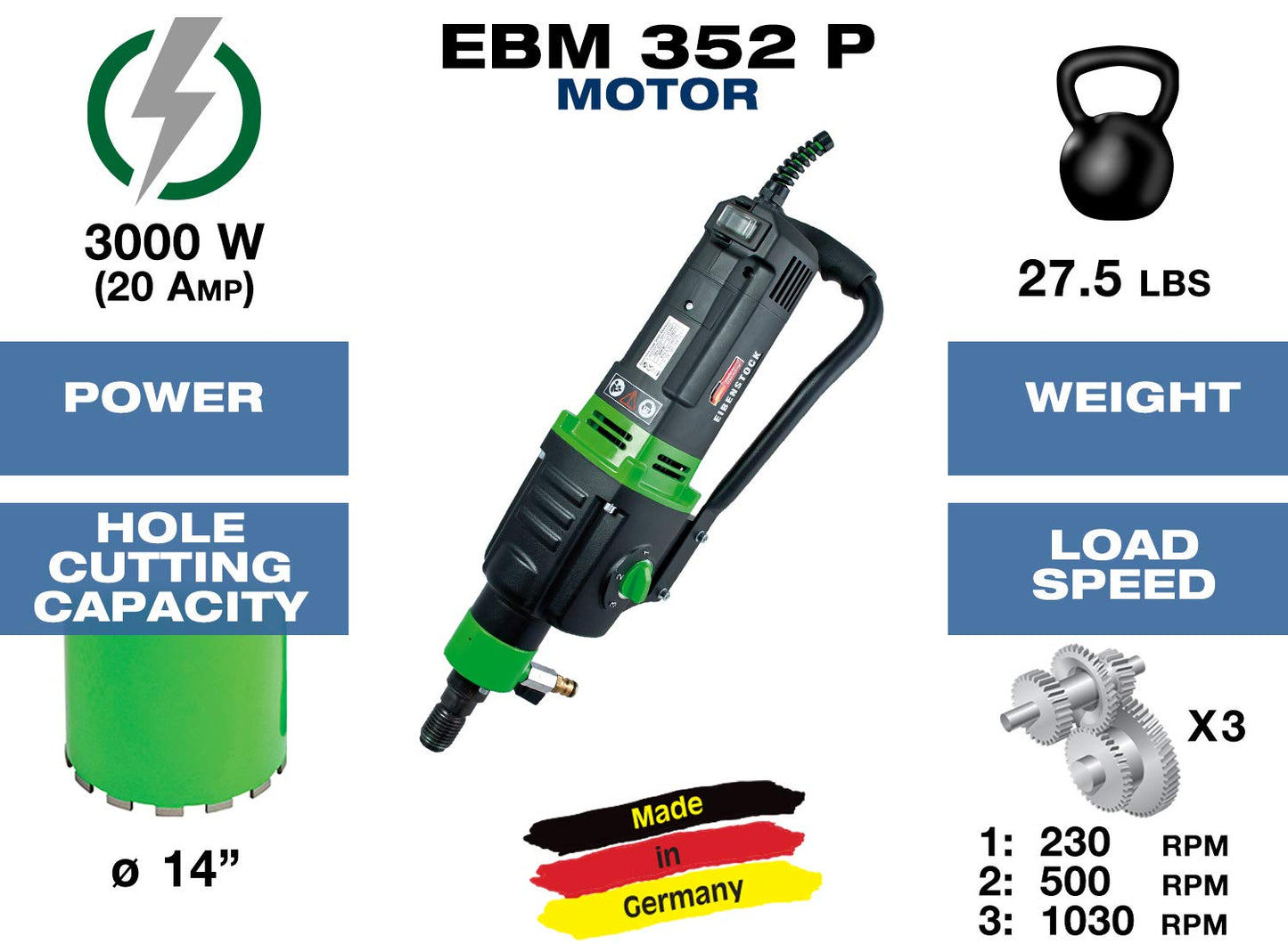 CS Unitec EBM 352/3 P - 14 in. Capacity Concrete Core Drill - Wet Diamond Core Drill - 3-Speed for Concrete, Brick, Block, Aspahlt, and Stone - Made in Germany - 110V