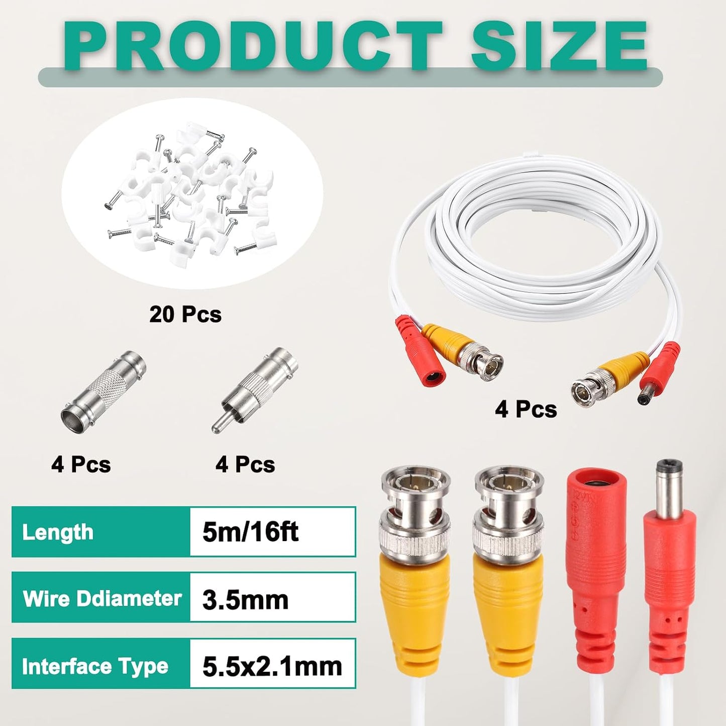 Cable,5m/16ft Cord,4 Set MECCANIXITY BNC Video Power All-in-One Security Camera Wire Cord DC Extension Wire for CCTV