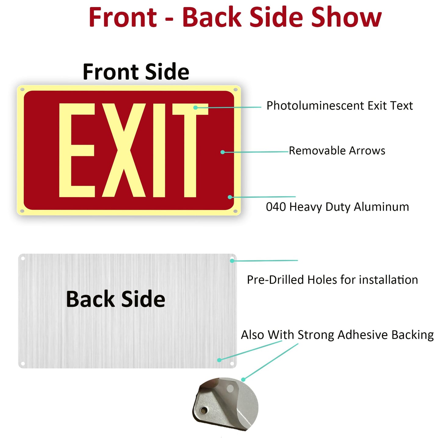 4Pack Photoluminescent Exit Sign Red, 14"x 10" Aluminum Glow In The Dark Exit Signs with Strong Adhesive Backing and 8pcs Removable Directional Arrows Glow In The Dark,Easy to install