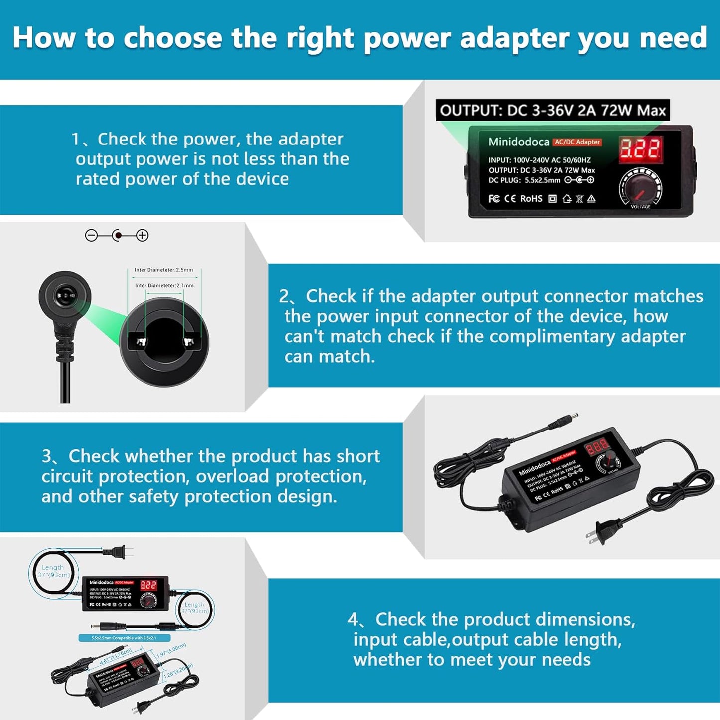 minidodoca 72W 3V 36V 13 3V 36V 2000mA Power Supply Adjustable DC ~ Variable Universal Switching AC/DC Adapter AC to DC
