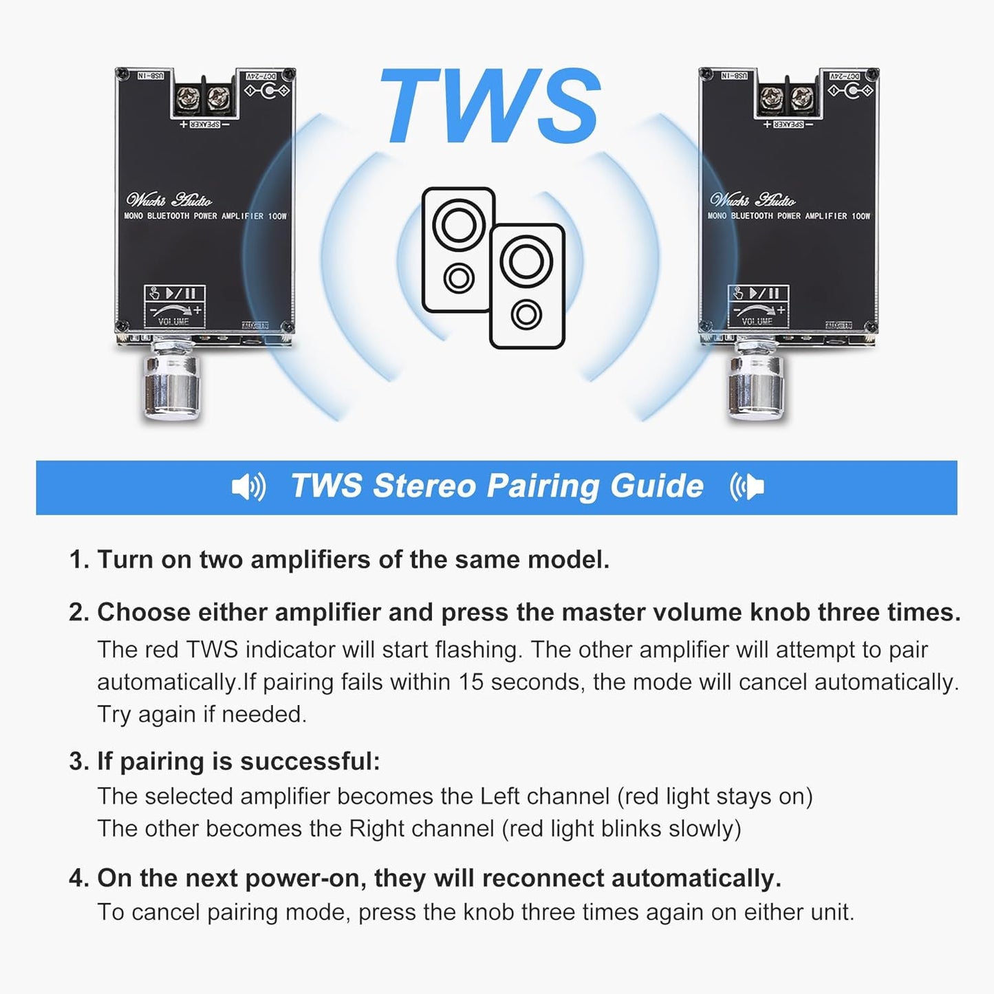 Wuzhi Audio 2PCS ZK-1001B TPA316D2 DC7-24V 100W, Mono Bluetooth Amplifier Board with Chip, Wide Voltage Input Peak
