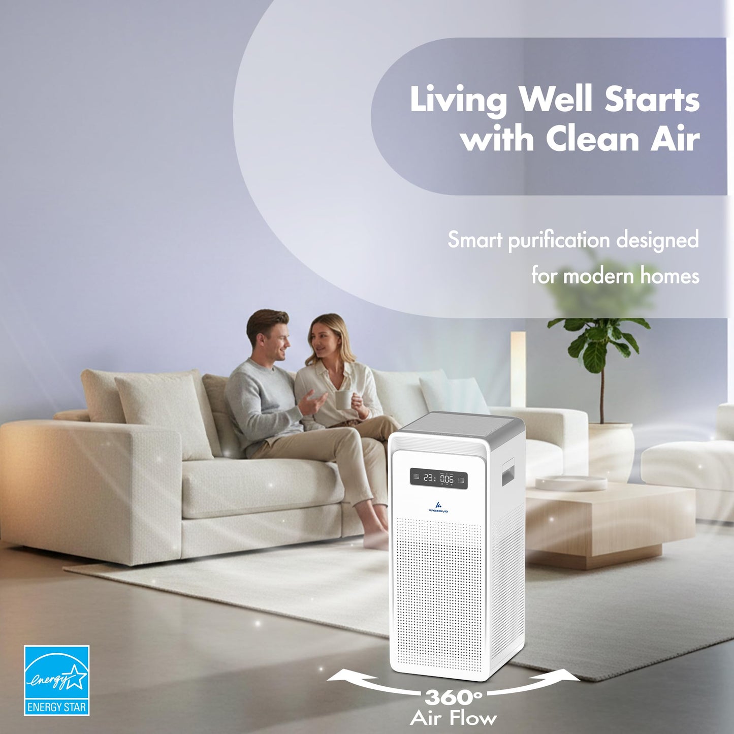 Pure Air PA6 Smart Wozoyo Air Purifier for Large Rooms, AHAM VERIFIDE, Covers 2723 ft², 363 CFM, H13 HEPA, Filters PM2.5, Odors, PM Display, Turbo Mode, App & Voice Control
