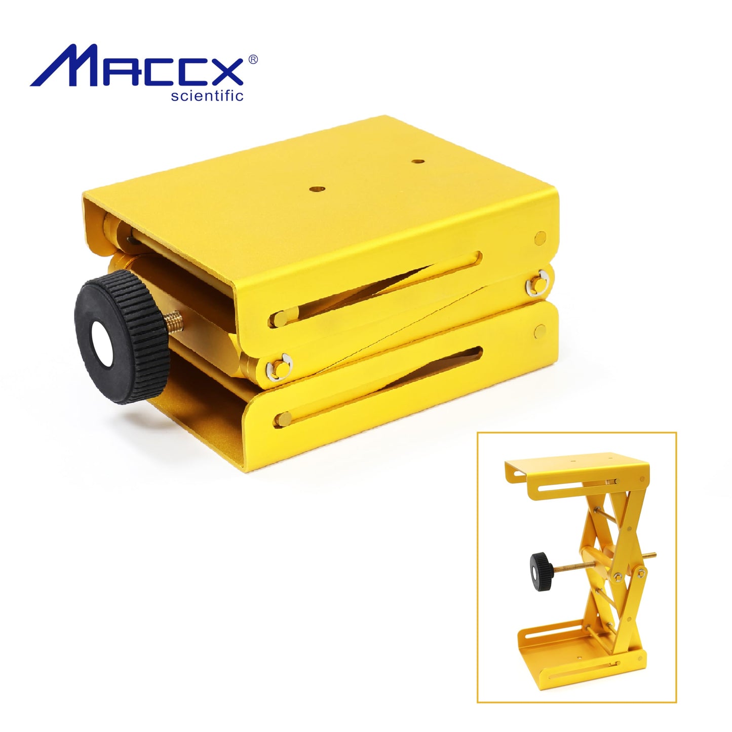 Maccx Lab Support Jack, Gold Color, Aluminum Table, Dim of Platform 5.9"x4.76" Max. Height up to 10.63", LSJ150-001