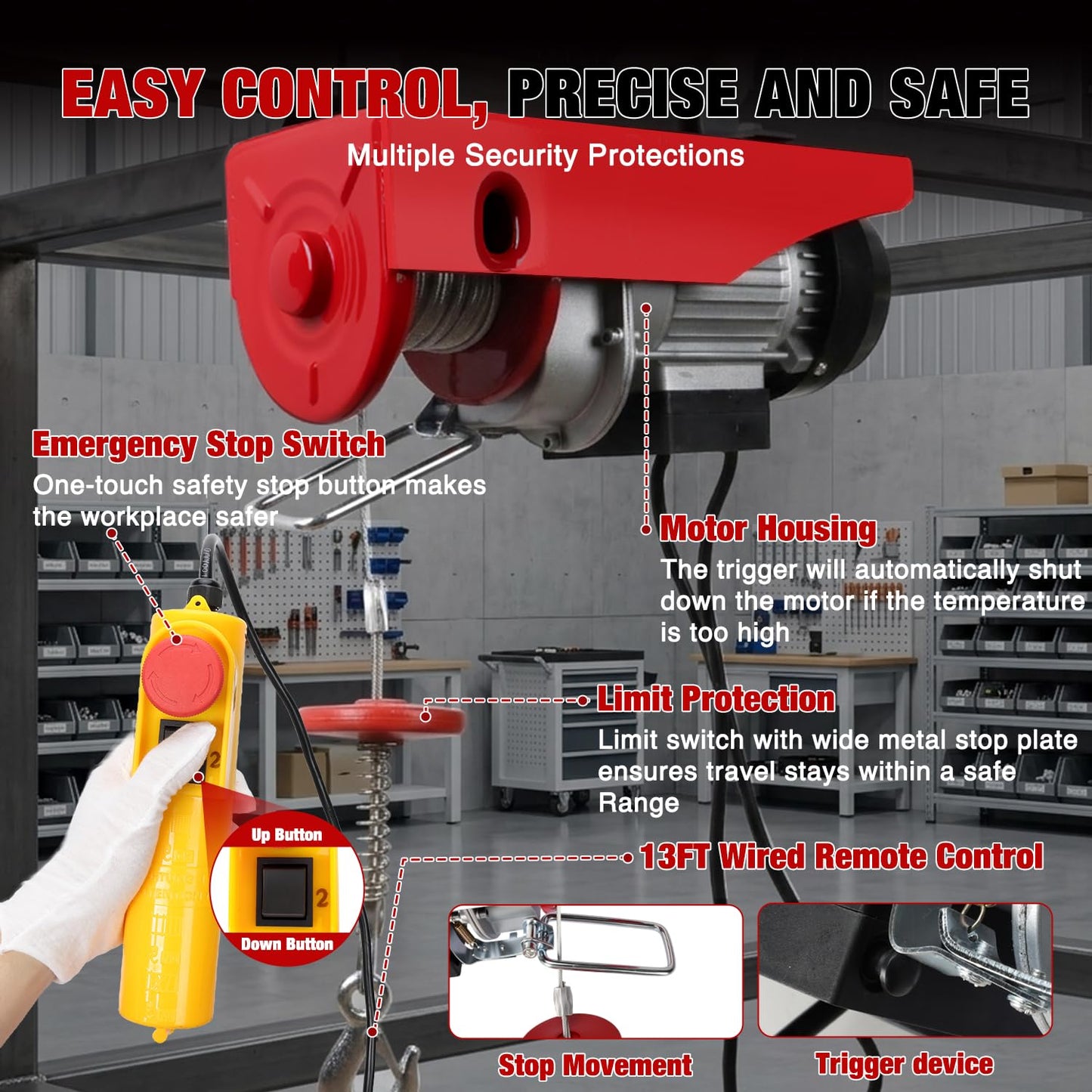 Nilight Electric Hoist 110V Electric Winch with Wired Remote, 440LBS Hoist Lift Single/Double Slings 39FT Lifting Height Material Handling Tool w Emergency Stop for Garage Warehouses Factories Attic