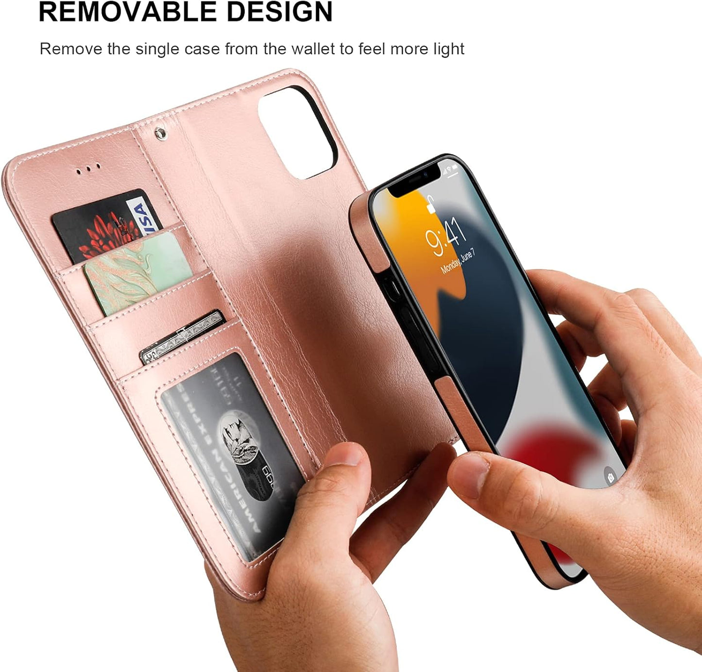 Bocasal 13 5G 6.1 inch Detachable Wallet Case for iPhone RFID Blocking Card Slots Holder Premium PU Leather Magnetic